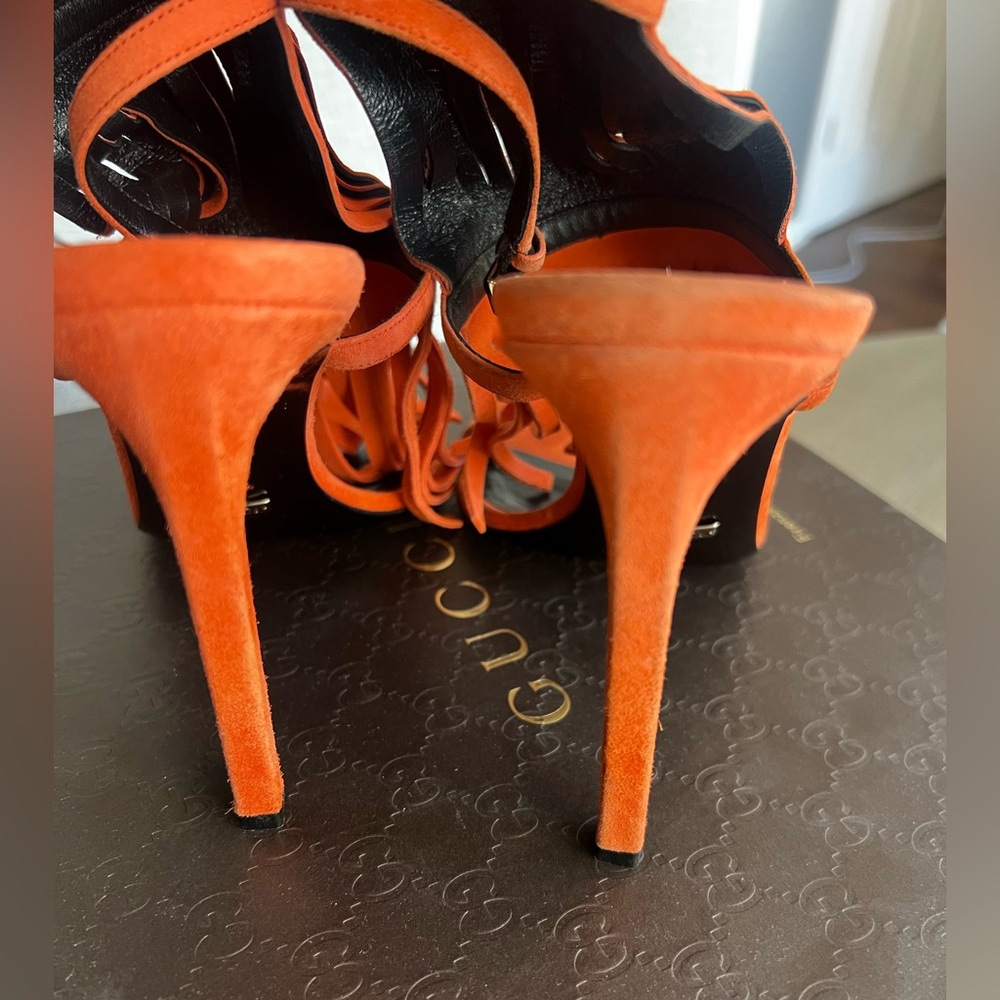 Gucci Orange Suede Fringe Stiletto Sandals - Picture 7 of 10